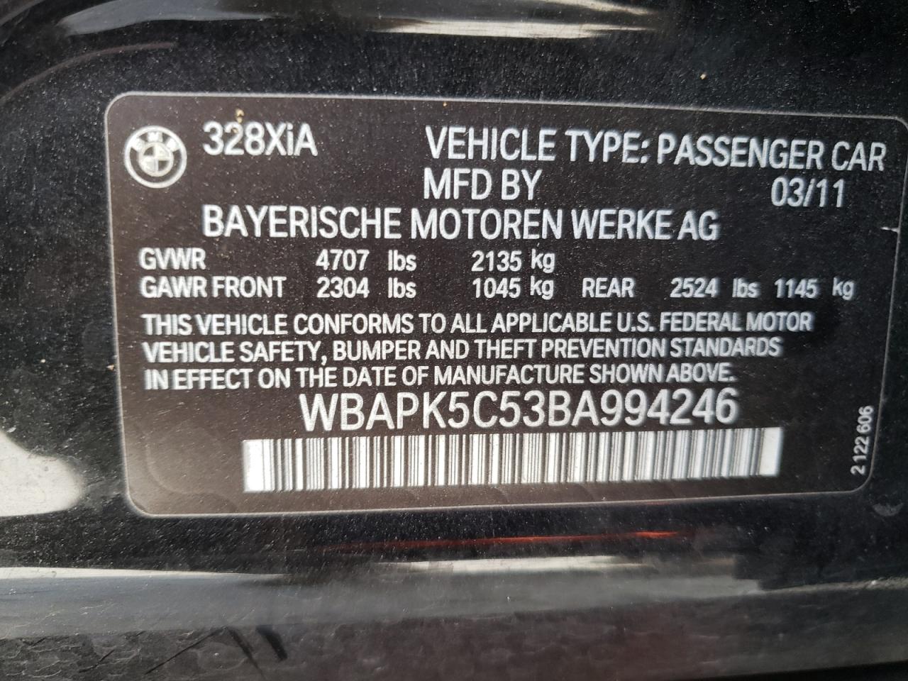 Photo 10 from auction – 2011 BMW 328 XI SUL with VIN WBAPK5C53BA994246