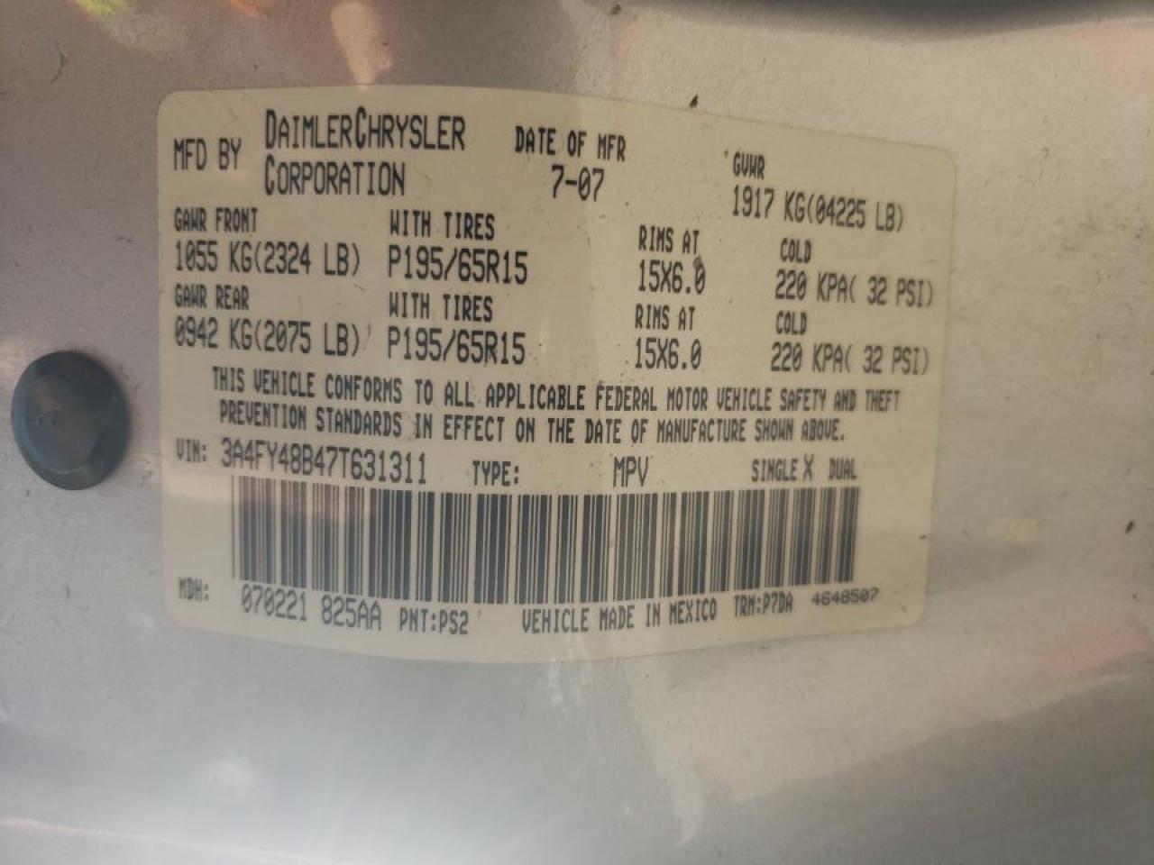 Photo 10 from auction – 2007 CHRYSLER PT CRUISER with VIN 3A4FY48B47T631311