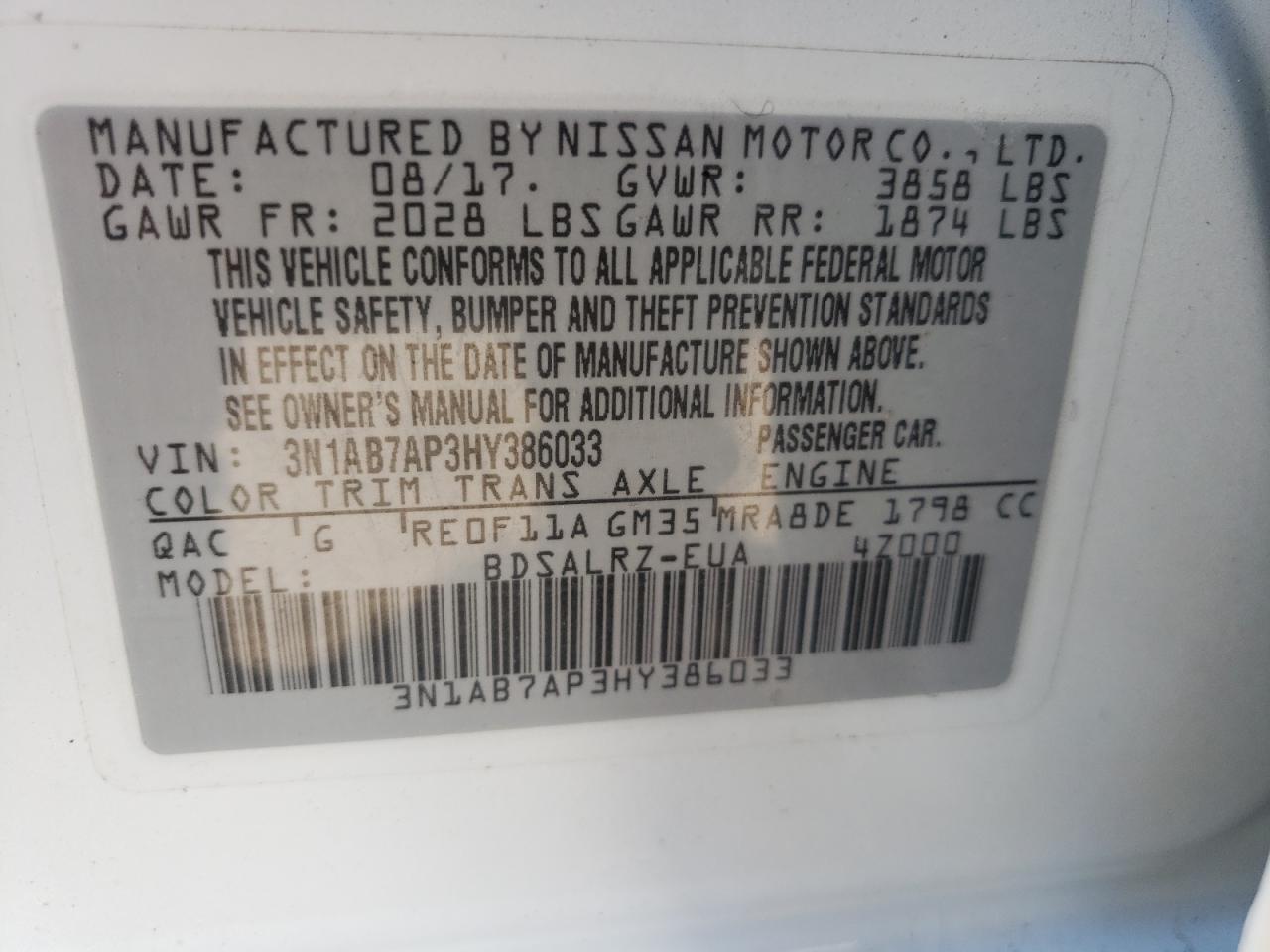 Photo 10 from auction – 2017 NISSAN SENTRA S with VIN 3N1AB7AP3HY386033
