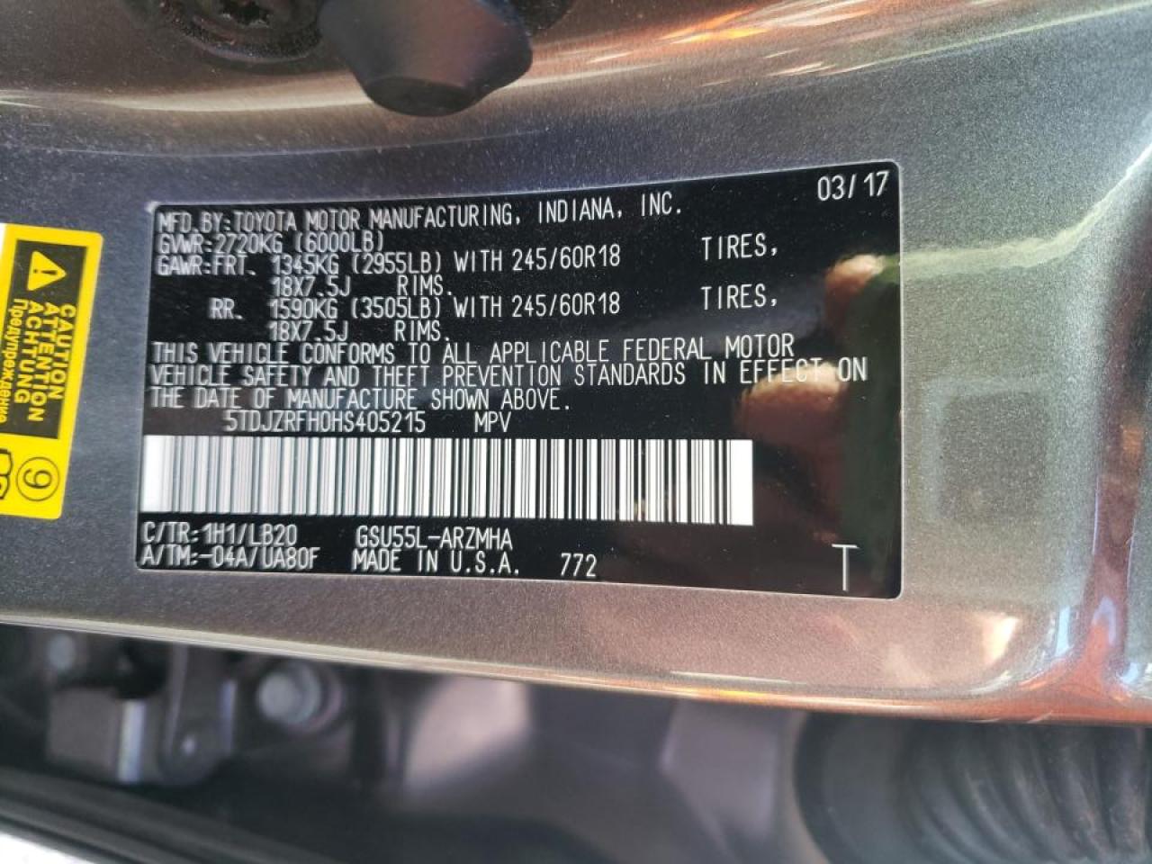 Photo 10 from auction – 2017 TOYOTA HIGHLANDER with VIN 5TDJZRFH0HS405215