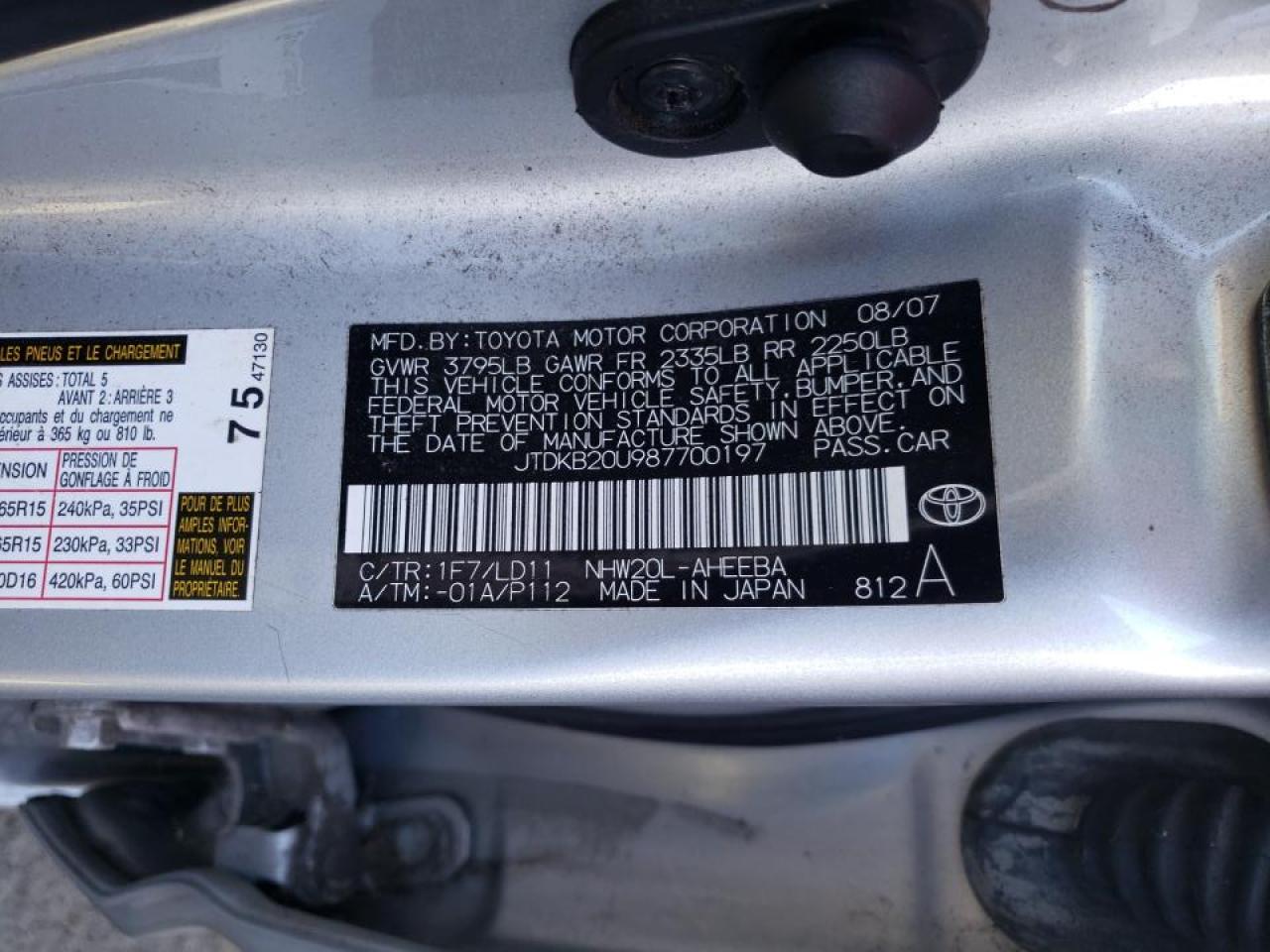 Photo 10 from auction – 2008 TOYOTA PRIUS with VIN JTDKB20U987700197