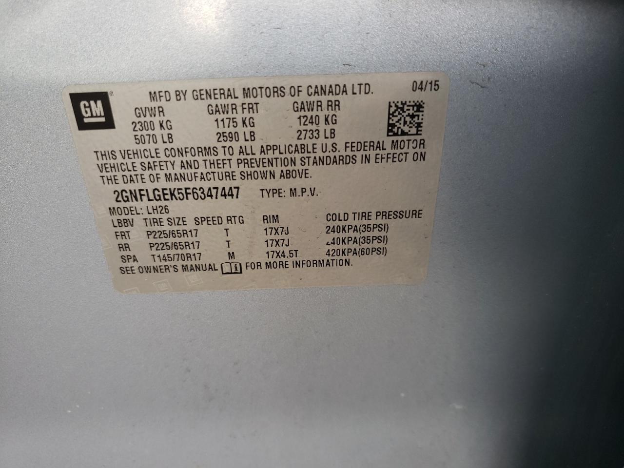 Photo 10 from auction – 2015 CHEVROLET EQUINOX LT with VIN 2GNFLGEK5F6347447