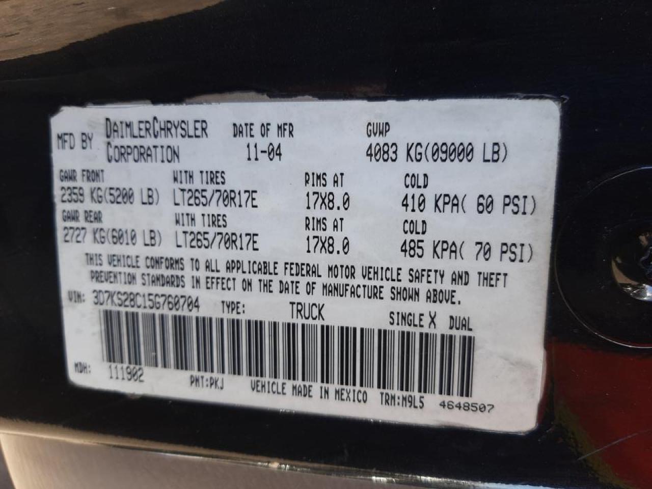 Photo 10 from auction – 2005 DODGE RAM 2500 S with VIN 3D7KS28C15G760704
