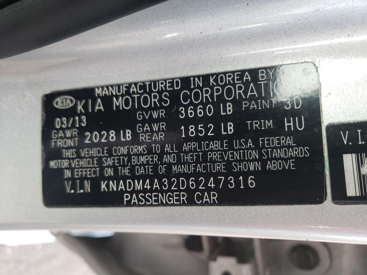 Photo 10 from auction – 2013 KIA RIO LX with VIN KNADM4A32D6247316