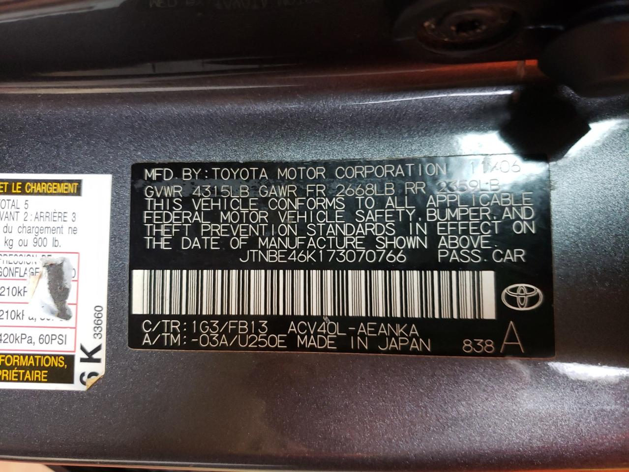 Photo 10 from auction – 2007 TOYOTA CAMRY CE with VIN JTNBE46K173070766