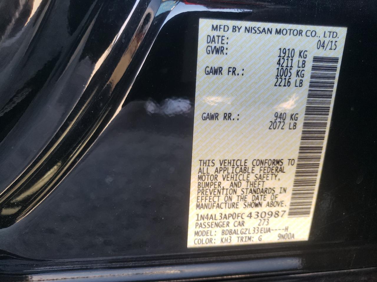 Photo 10 from auction – 2015 NISSAN ALTIMA 2.5 with VIN 1N4AL3AP0FC430987