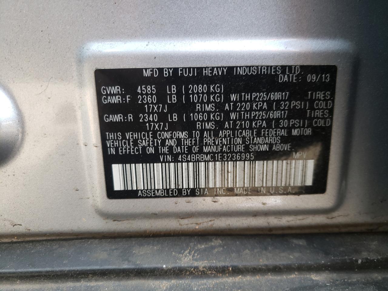 Photo 20 from auction – 2014 SUBARU OUTBACK 2. with VIN 4S4BRBMC1E3236995