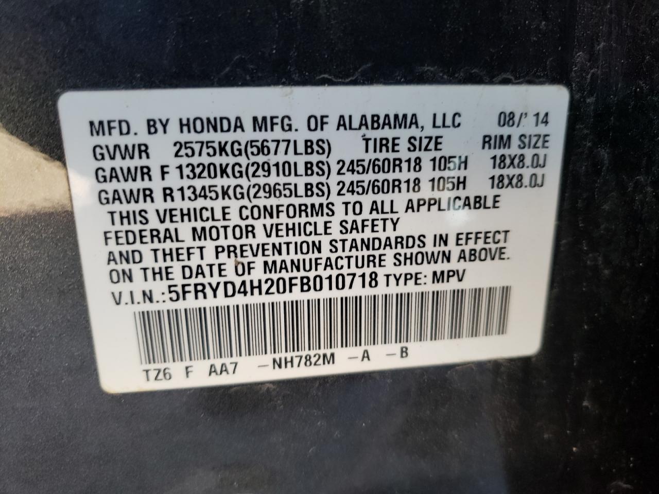 Photo 10 from auction – 2015 ACURA MDX with VIN 5FRYD4H20FB010718