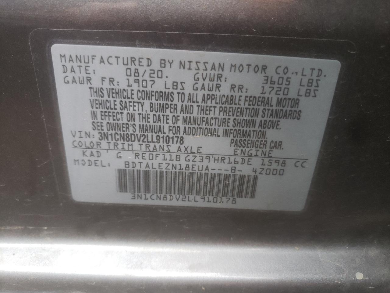 Photo 10 from auction – 2020 NISSAN VERSA S with VIN 3N1CN8DV2LL910178