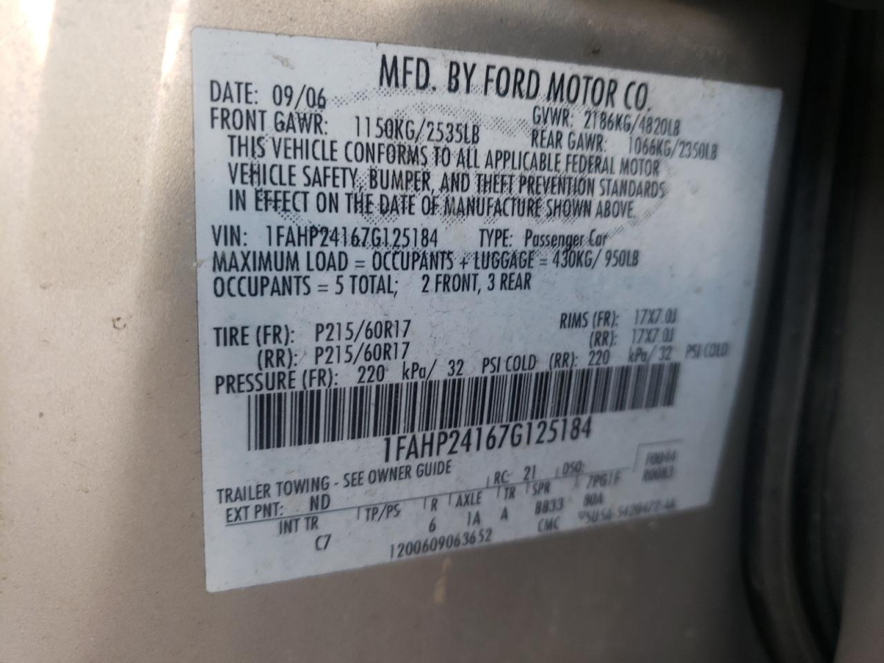 Photo 10 from auction – 2007 FORD FIVE HUNDR with VIN 1FAHP24167G125184