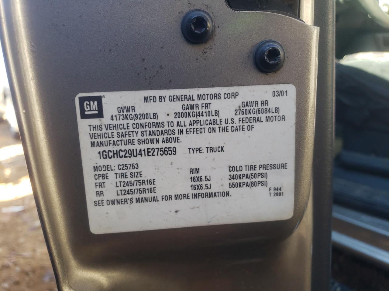 Photo 10 from auction – 2001 CHEVROLET SILVERADO with VIN 1GCHC29U41E275659