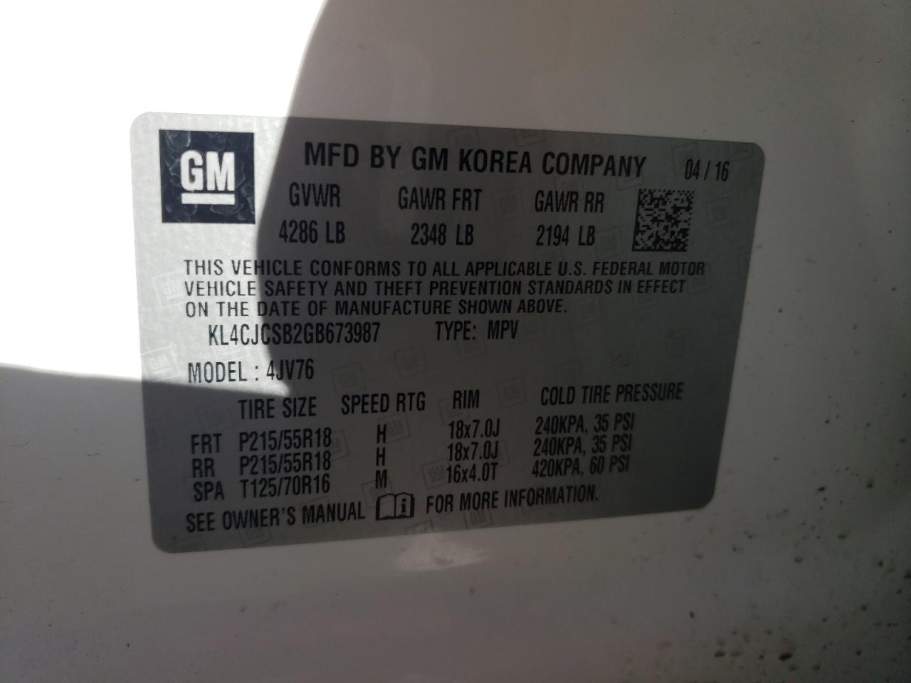 Photo 10 from auction – 2016 BUICK ENCORE with VIN KL4CJCSB2GB673987