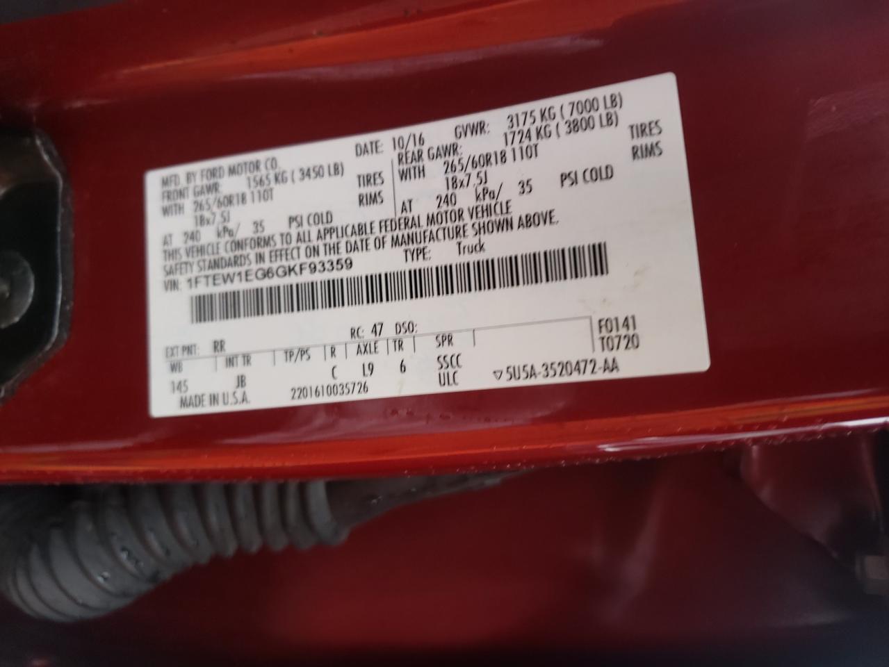 Photo 10 from auction – 2016 FORD F150 SUPER with VIN 1FTEW1EG6GKF93359