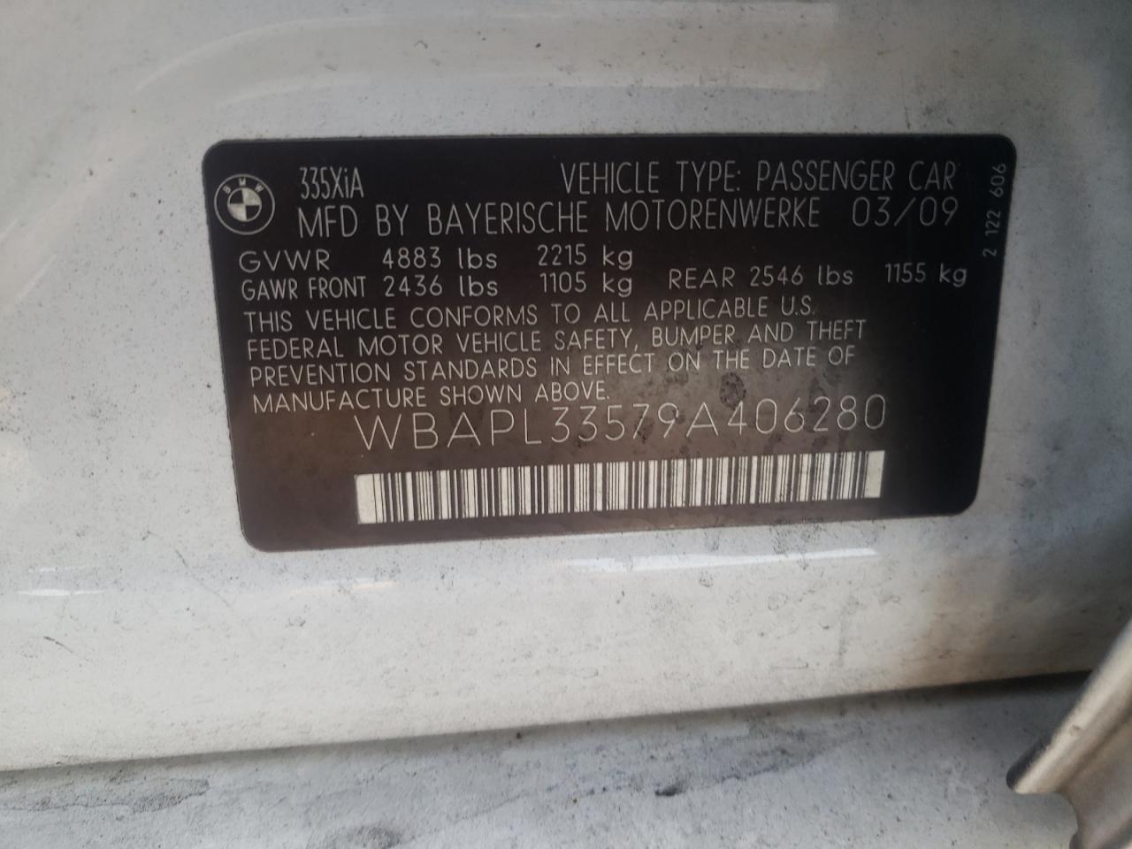 Photo 10 from auction – 2009 BMW 335 XI with VIN WBAPL33579A406280