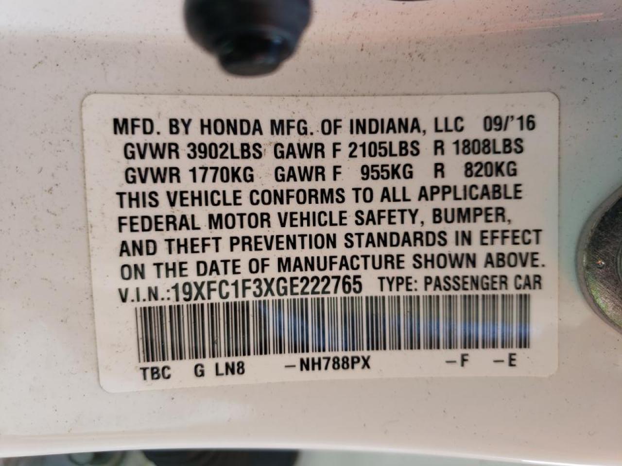Photo 10 from auction – 2016 HONDA CIVIC EX with VIN 19XFC1F3XGE222765