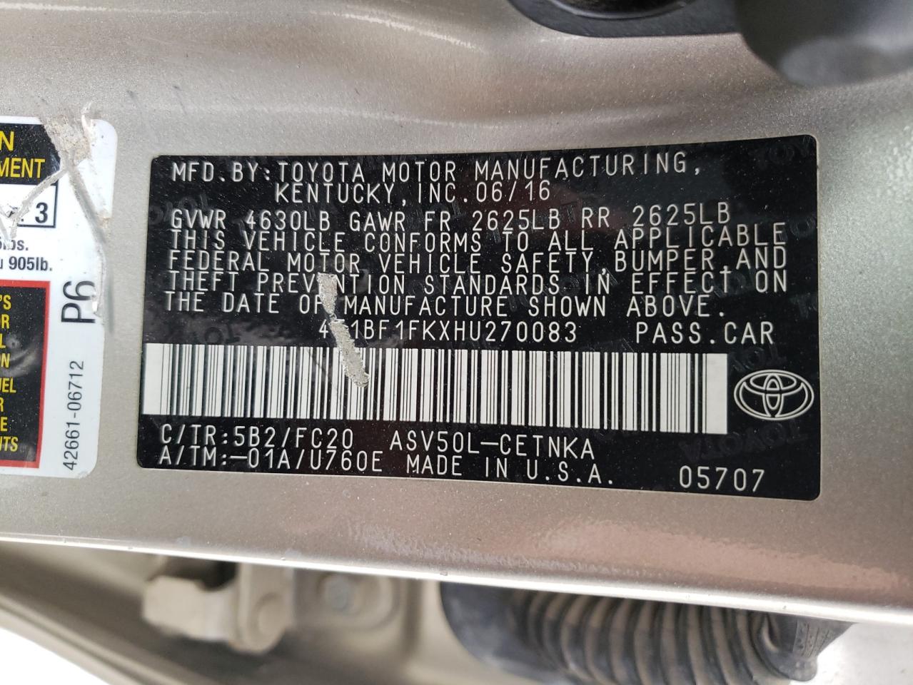 Photo 10 from auction – 2017 TOYOTA CAMRY LE with VIN 4T1BF1FKXHU270083