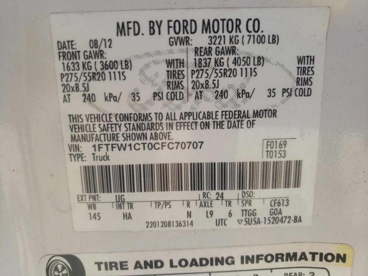 Photo 10 from auction – 2012 FORD F150 SUPER with VIN 1FTFW1CT0CFC70707