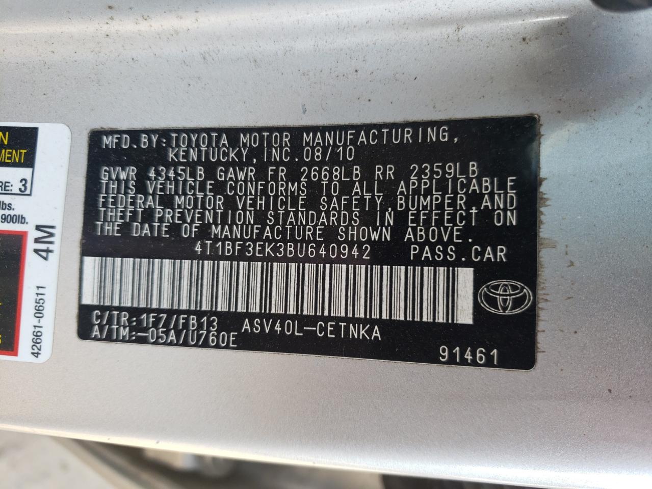 Photo 10 from auction – 2011 TOYOTA CAMRY BASE with VIN 4T1BF3EK3BU640942