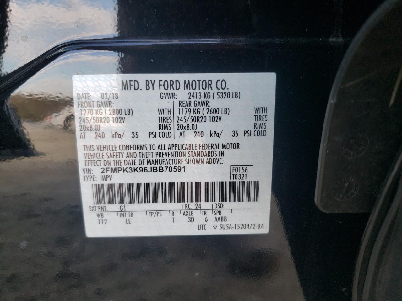 Photo 10 from auction – 2018 FORD EDGE TITAN with VIN 2FMPK3K96JBB70591