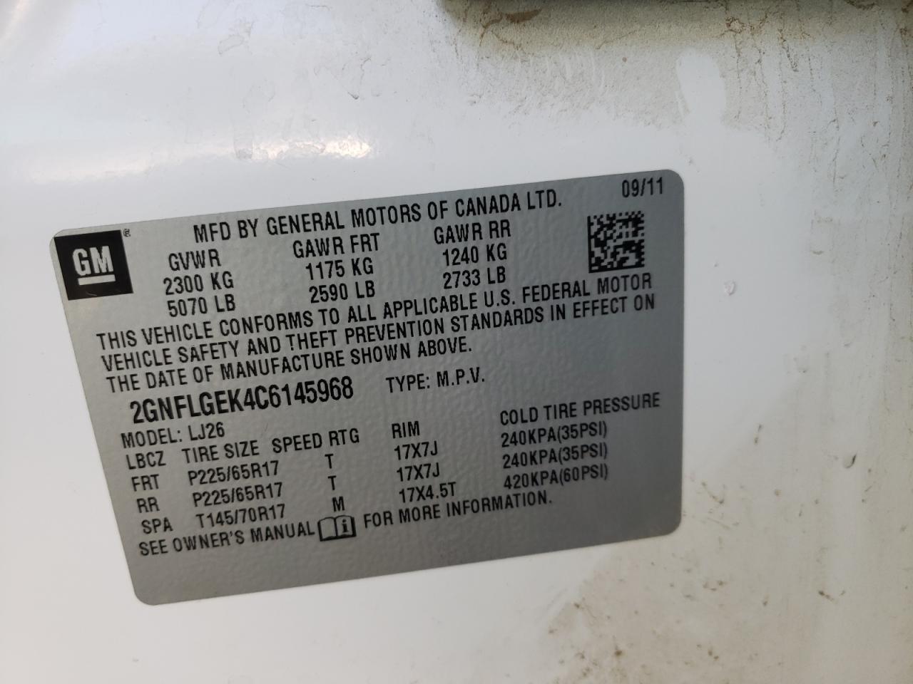 Photo 10 from auction – 2012 CHEVROLET EQUINOX LT with VIN 2GNFLGEK4C6145968