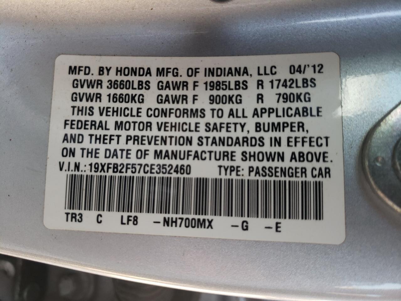 Photo 10 from auction – 2012 HONDA CIVIC LX with VIN 19XFB2F57CE352460