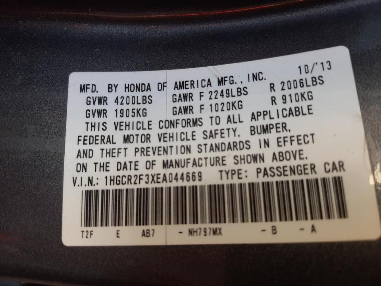 Photo 10 from auction – 2014 HONDA ACCORD LX with VIN 1HGCR2F3XEA044669