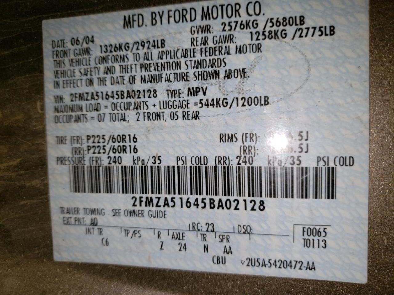 Photo 10 from auction – 2005 FORD FREESTAR S with VIN 2FMZA51645BA02128