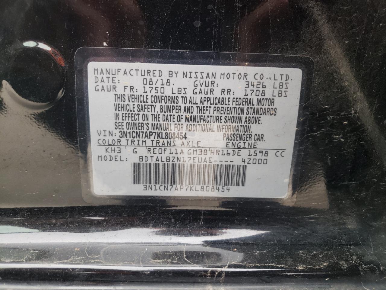 Photo 10 from auction – 2019 NISSAN VERSA S with VIN 3N1CN7AP7KL808454