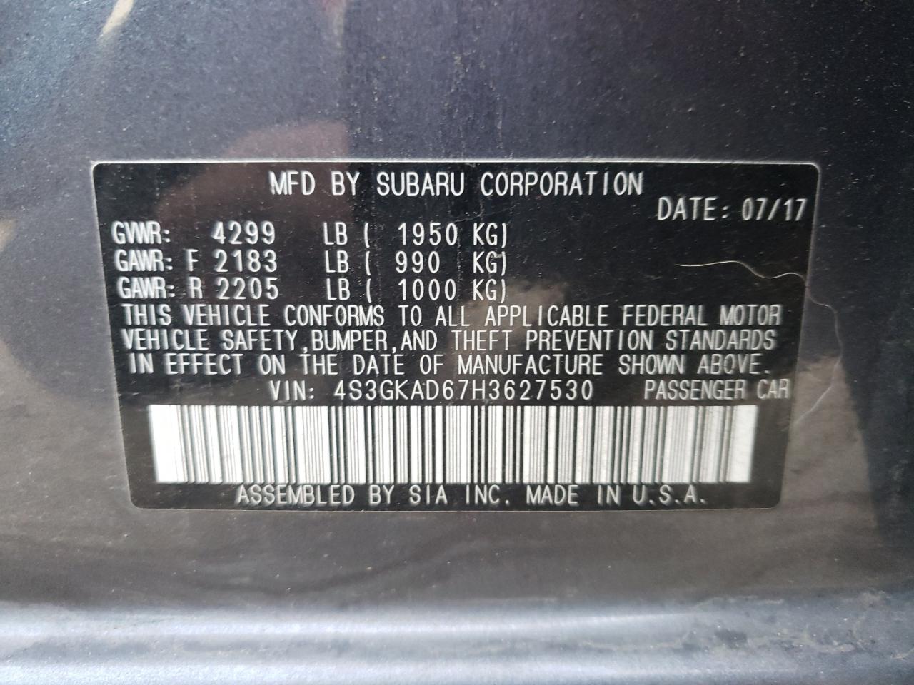 Photo 10 from auction – 2017 SUBARU IMPREZA PR with VIN 4S3GKAD67H3627530