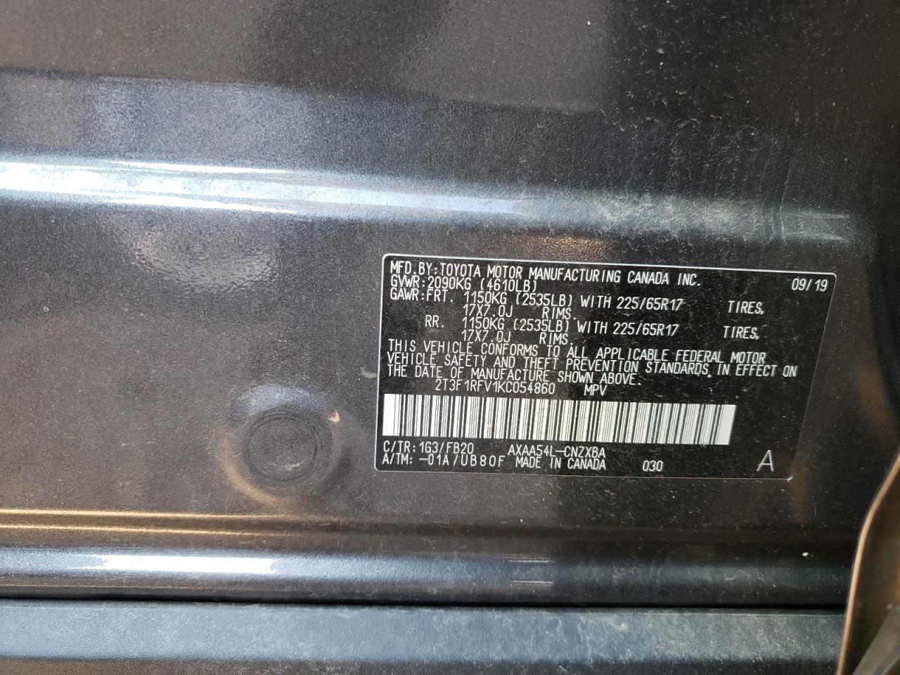 Photo 10 from auction – 2019 TOYOTA RAV4 LE with VIN 2T3F1RFV1KC054860