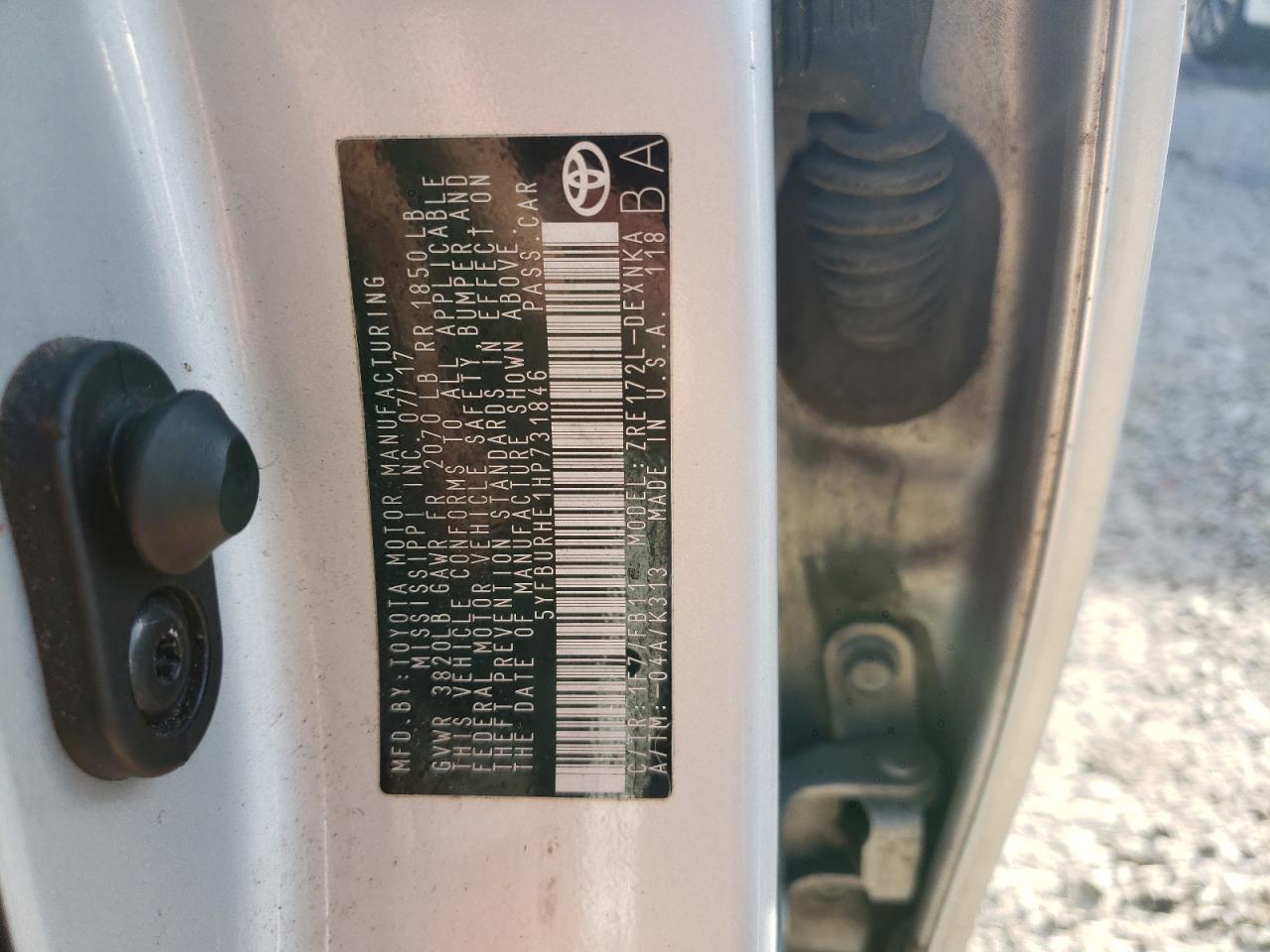 Photo 10 from auction – 2017 TOYOTA COROLLA L with VIN 5YFBURHE1HP731846