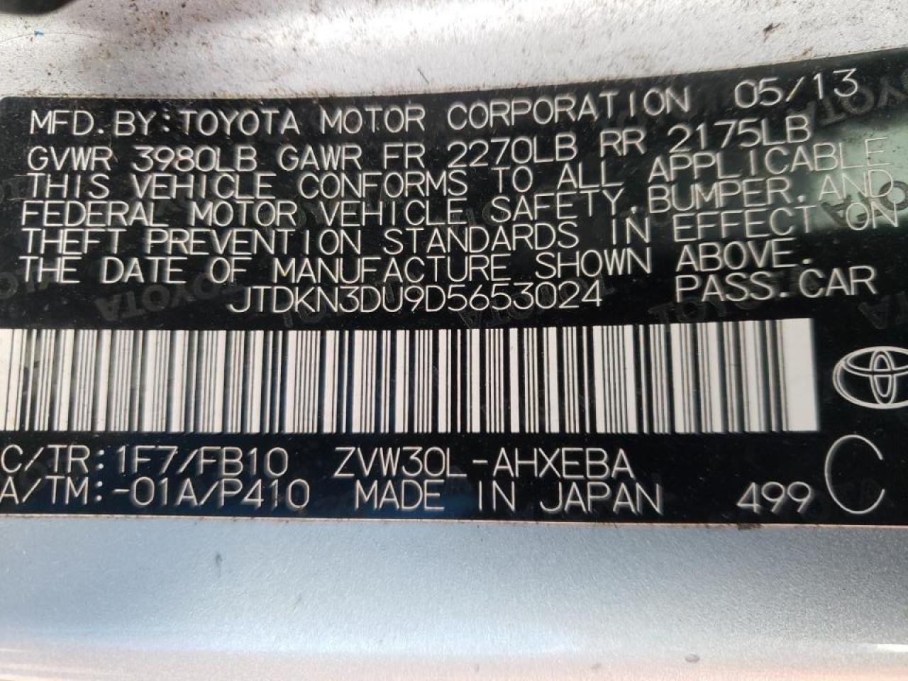 Photo 10 from auction – 2013 TOYOTA PRIUS with VIN JTDKN3DU9D5653024