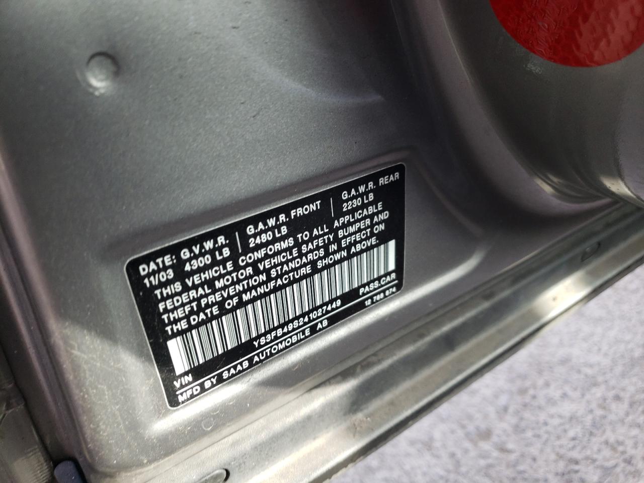 Photo 10 from auction – 2004 SAAB 9-3 with VIN YS3FB49S241027449
