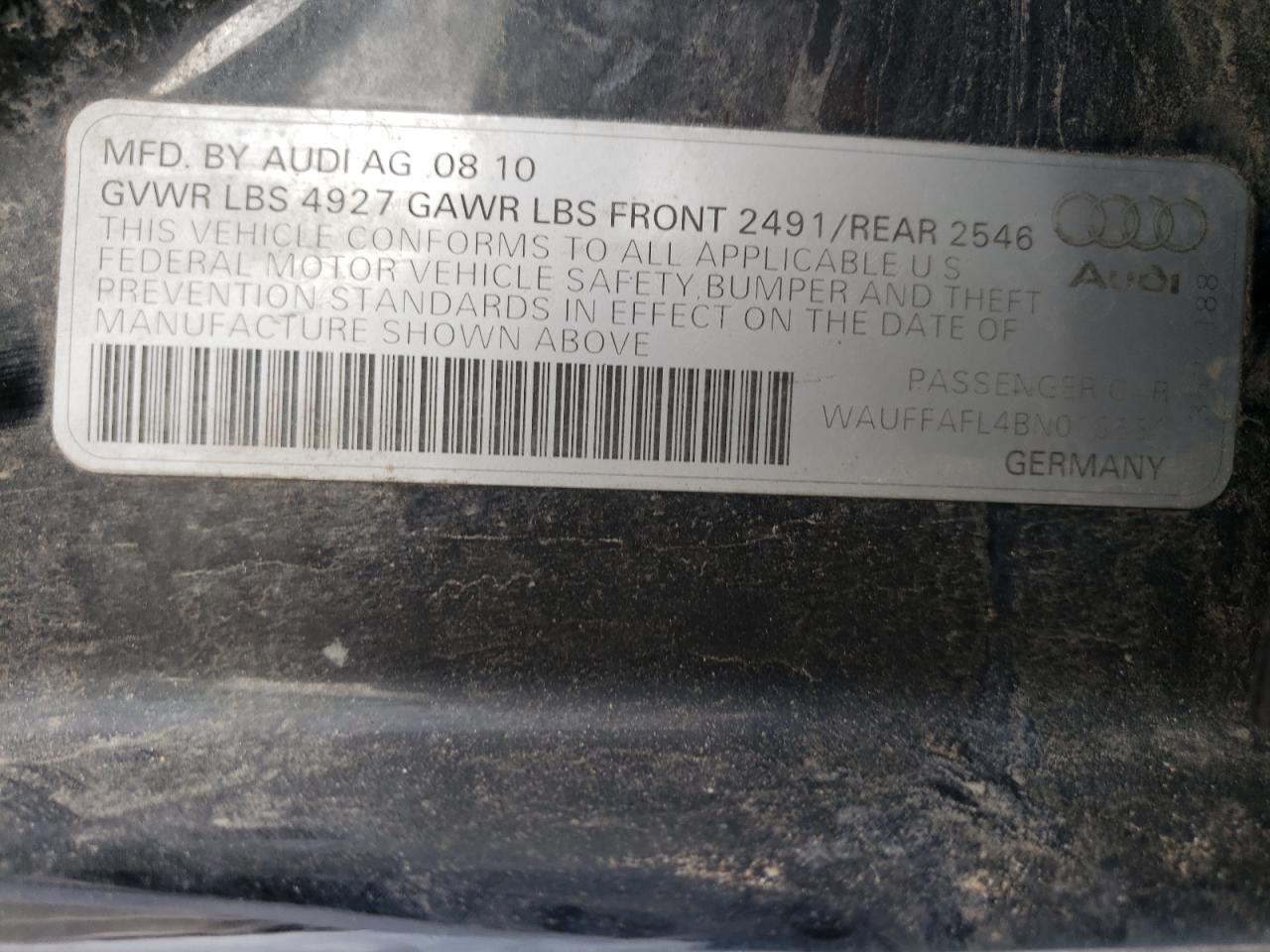 Photo 10 from auction – 2011 AUDI A4 PREMIUM with VIN WAUFFAFL4BN018651