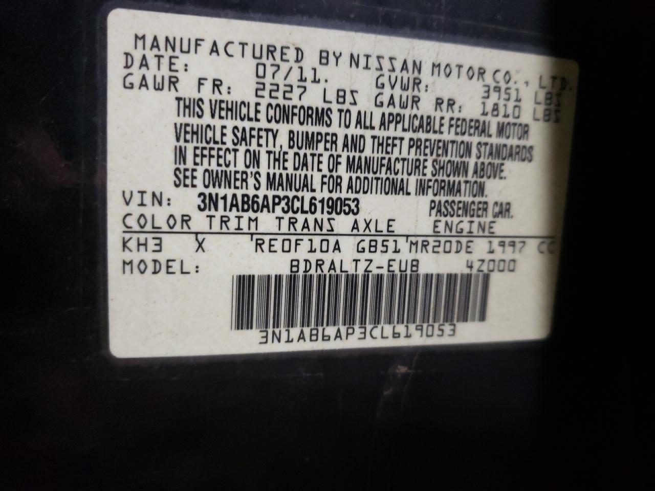 Photo 10 from auction – 2012 NISSAN SENTRA 2.0 with VIN 3N1AB6AP3CL619053