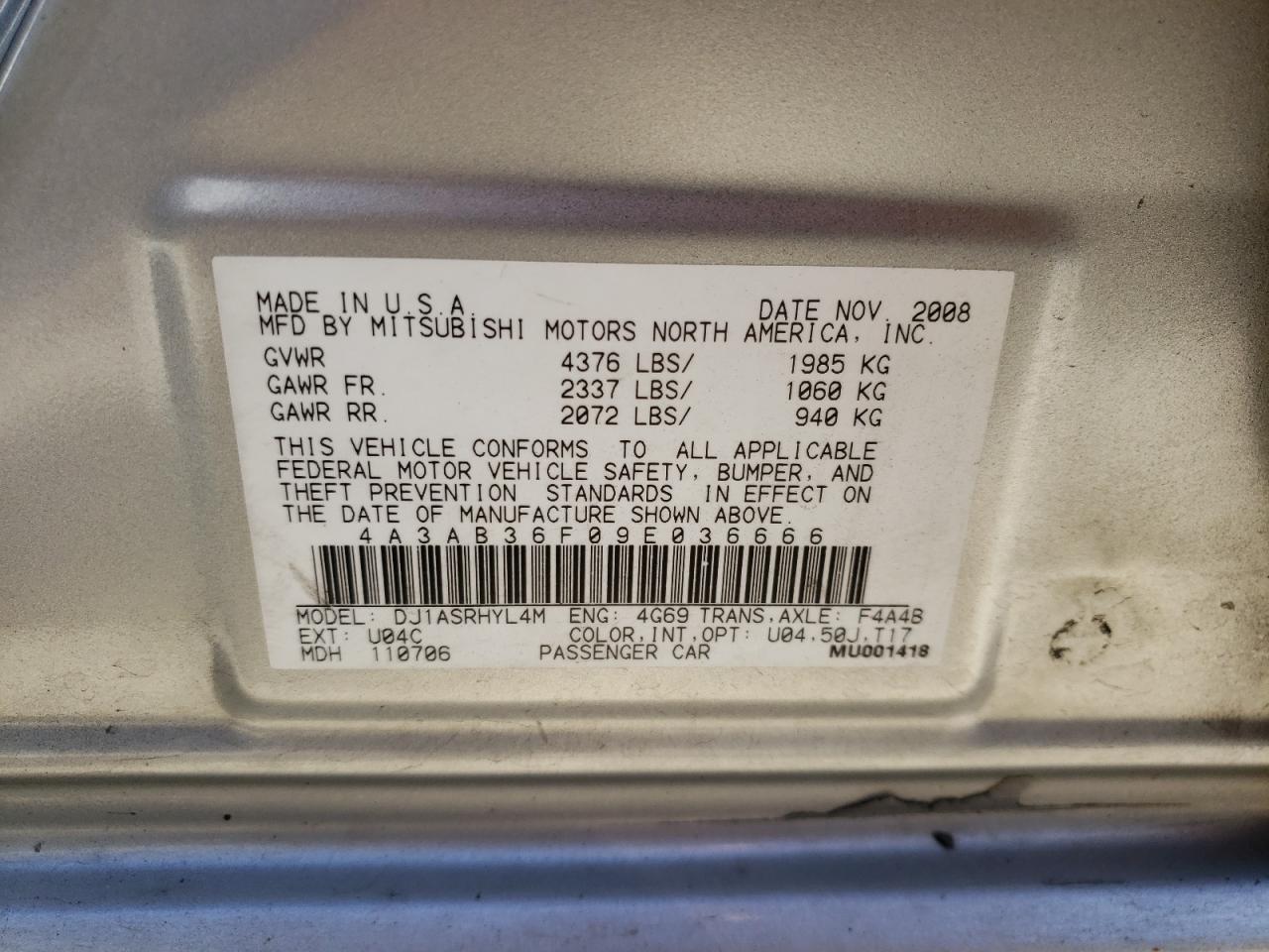Photo 10 from auction – 2009 MITSUBISHI GALANT ES with VIN 4A3AB36F09E036666