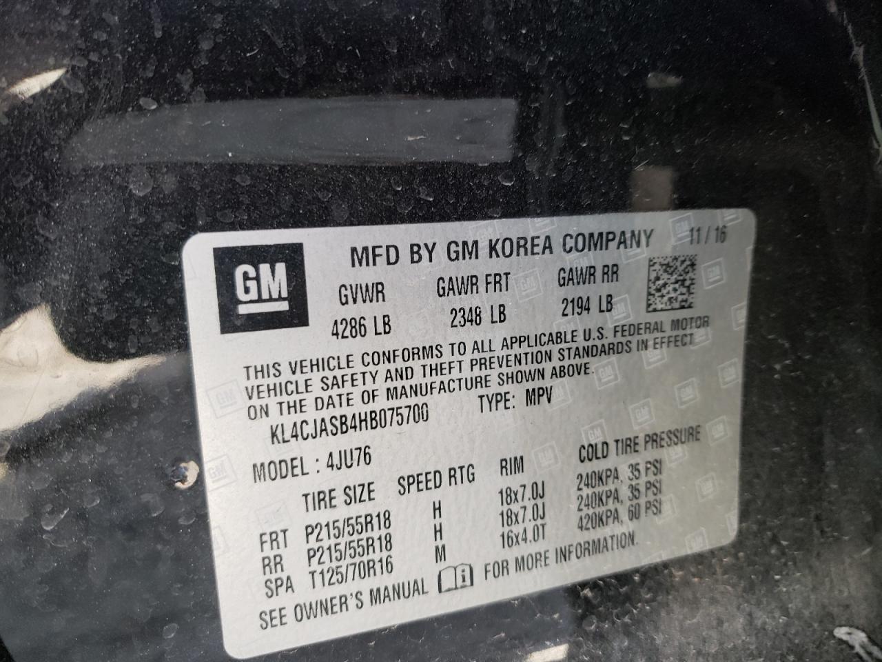 Photo 10 from auction – 2017 BUICK ENCORE PRE with VIN KL4CJASB4HB075700