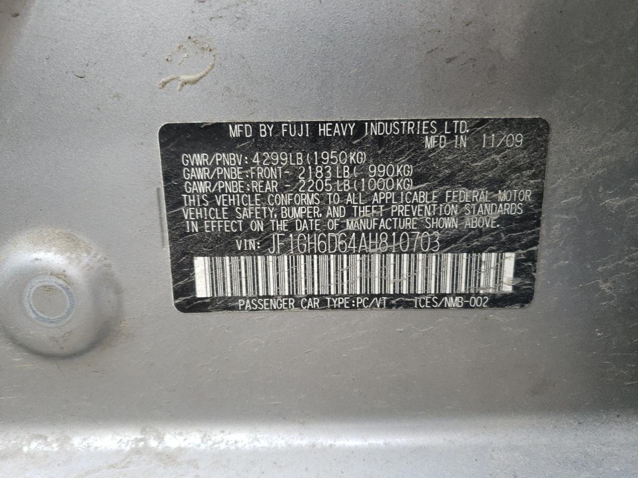 Photo 10 from auction – 2010 SUBARU IMPREZA OU with VIN JF1GH6D64AH810703