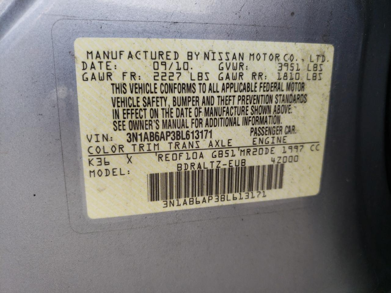 Photo 10 from auction – 2011 NISSAN SENTRA with VIN 3N1AB6AP3BL613171