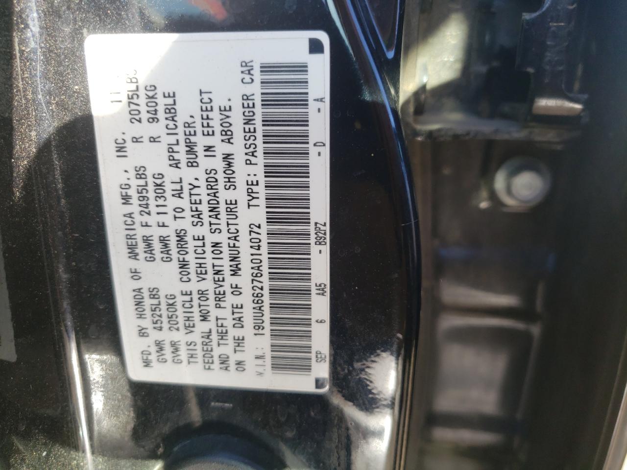 Photo 10 from auction – 2006 ACURA 3.2TL with VIN 19UUA66276A014072