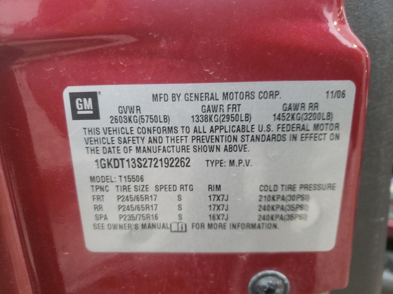 Photo 10 from auction – 2007 GMC ENVOY with VIN 1GKDT13S272192262