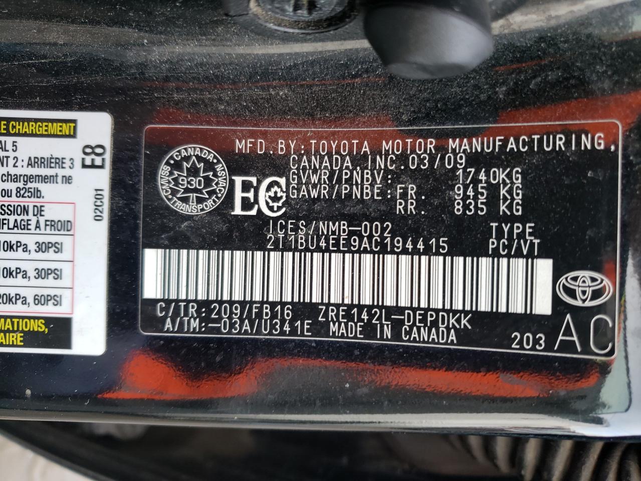 Photo 10 from auction – 2010 TOYOTA COROLLA BA with VIN 2T1BU4EE9AC194415