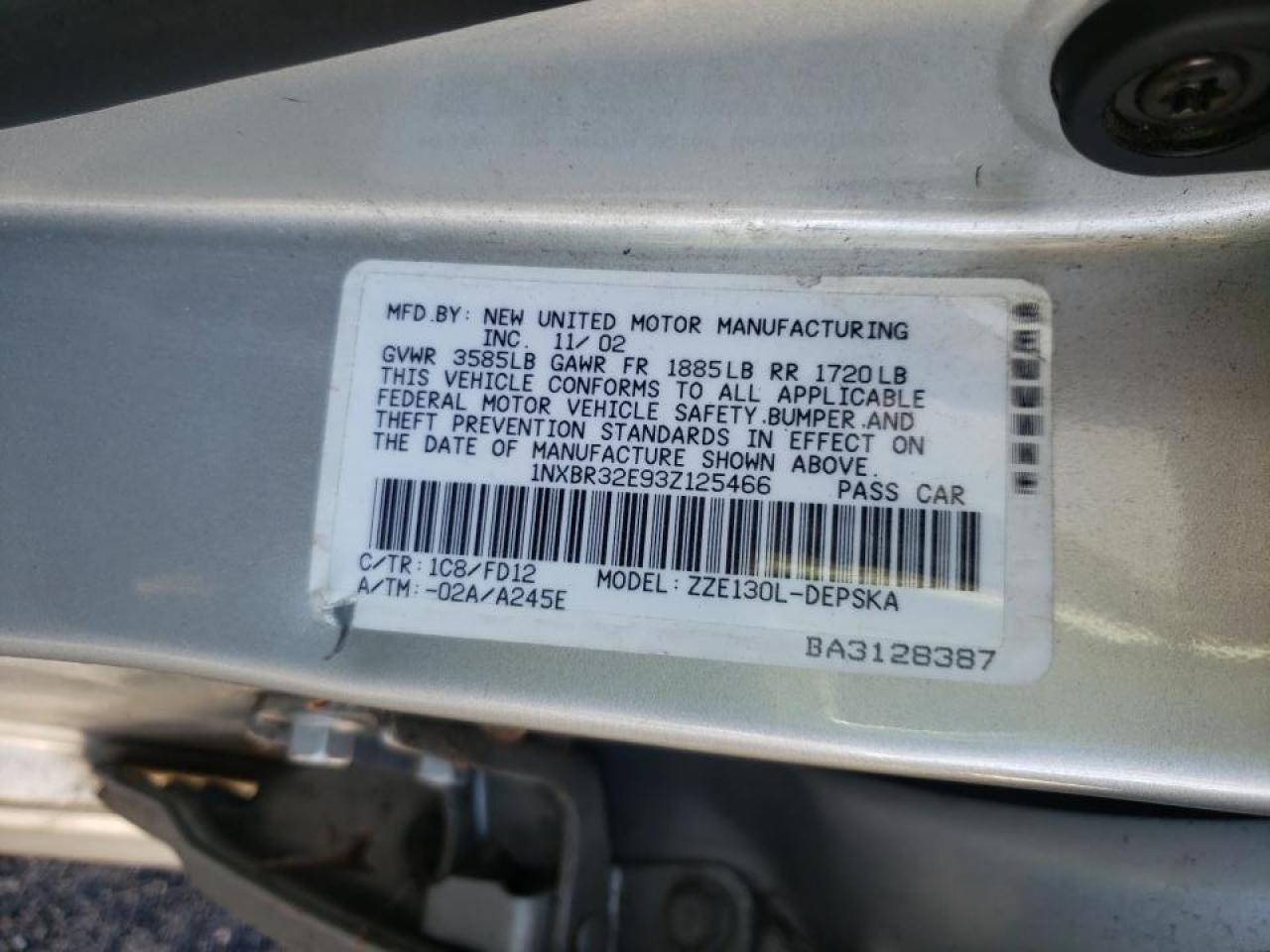 Photo 10 from auction – 2003 TOYOTA COROLLA CE with VIN 1NXBR32E93Z125466