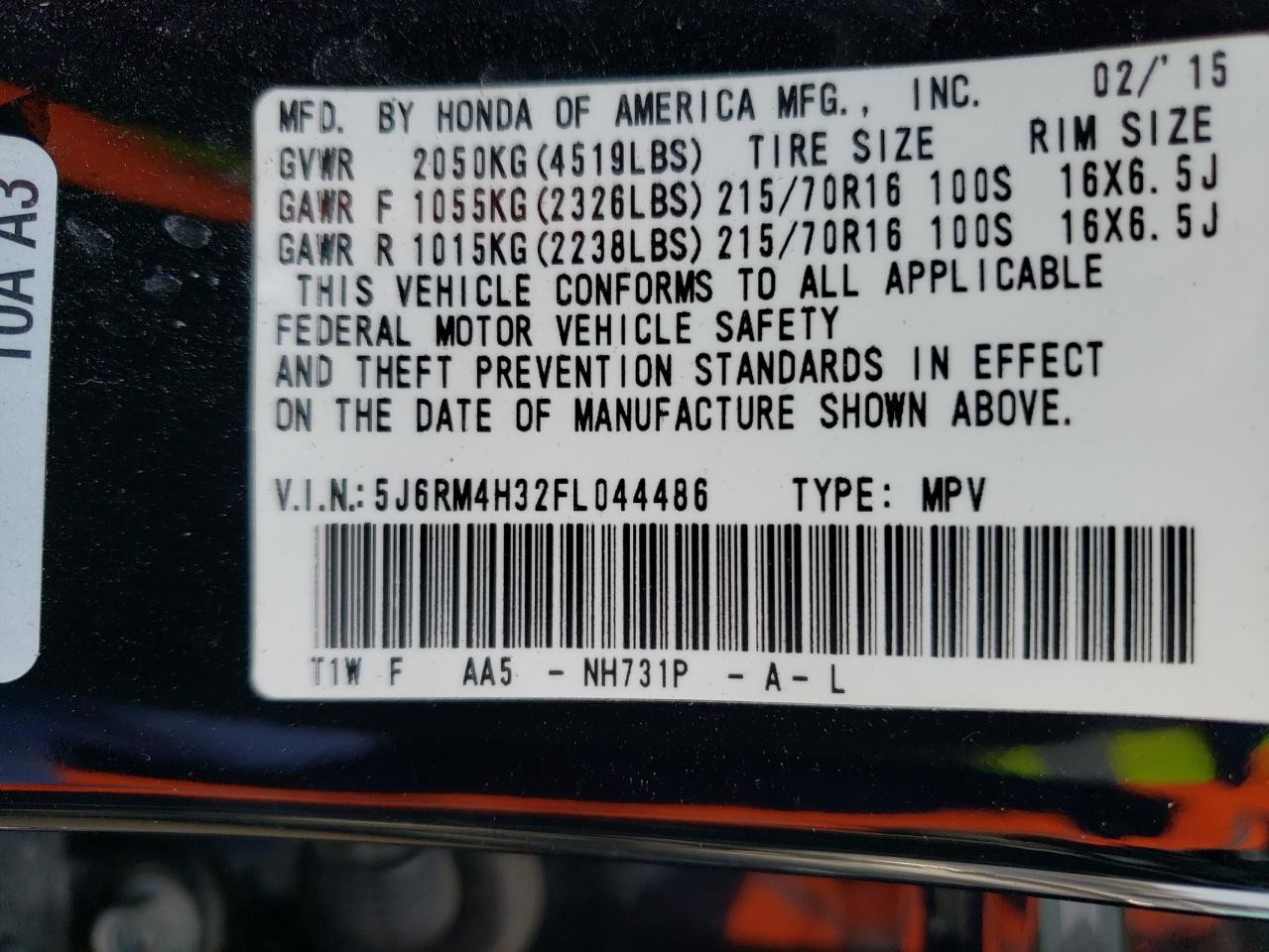 Photo 10 from auction – 2015 HONDA CR-V LX with VIN 5J6RM4H32FL044486