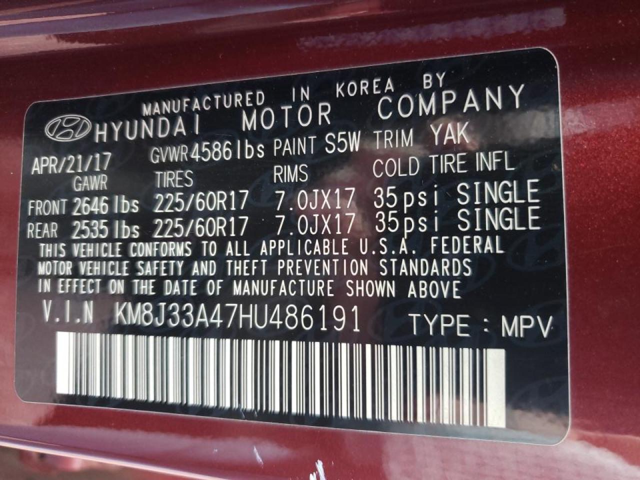 Photo 10 from auction – 2017 HYUNDAI TUCSON LIM with VIN KM8J33A47HU486191