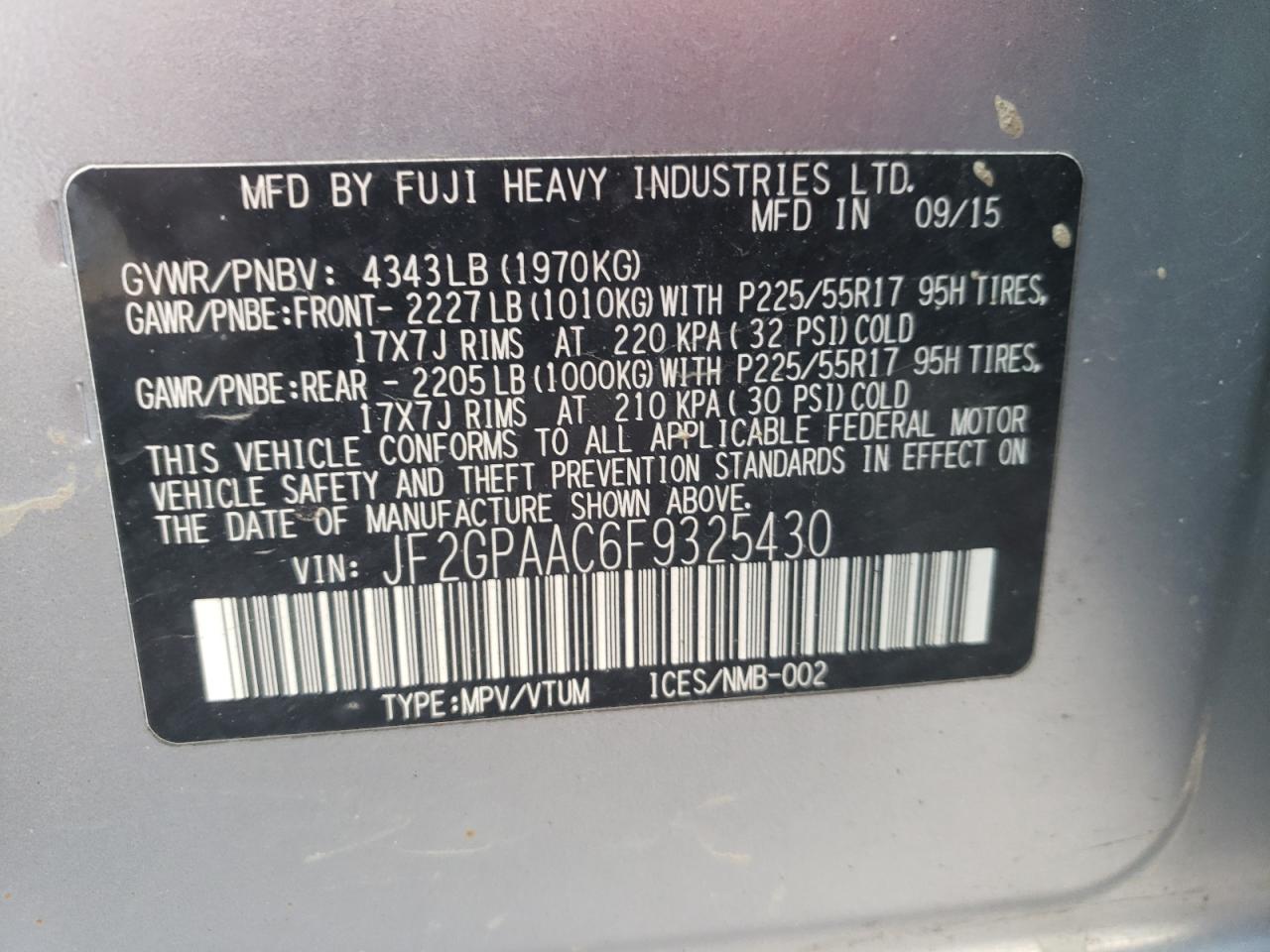 Photo 10 from auction – 2015 SUBARU XV CROSSTR with VIN JF2GPAAC6F9325430
