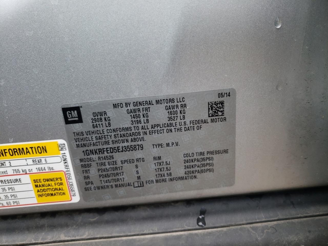 Photo 10 from auction – 2014 CHEVROLET TRAVERSE L with VIN 1GNKRFED5EJ355879