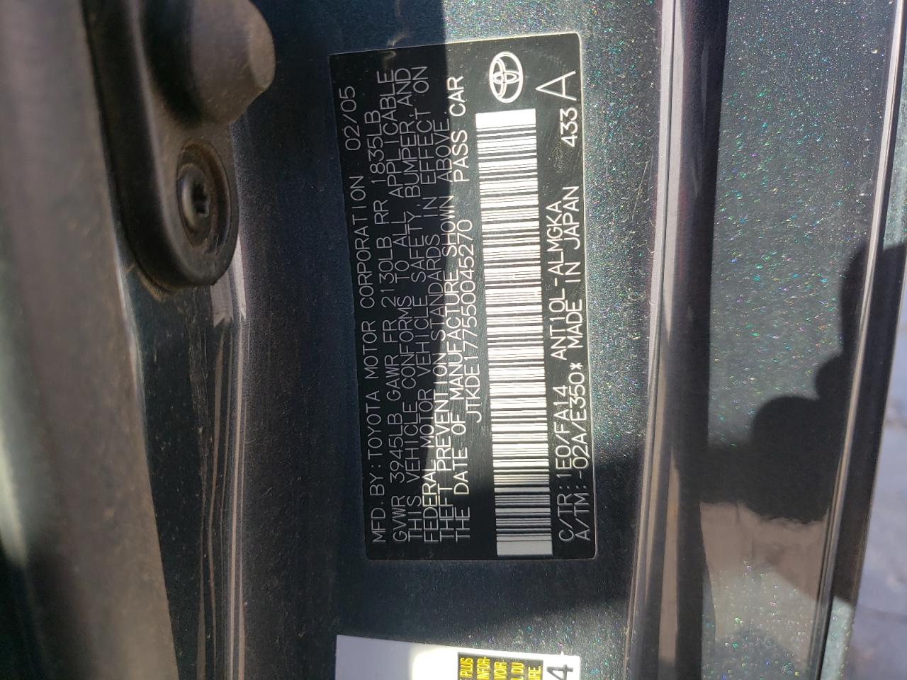 Photo 10 from auction – 2005 TOYOTA SCION TC with VIN JTKDE177550045270