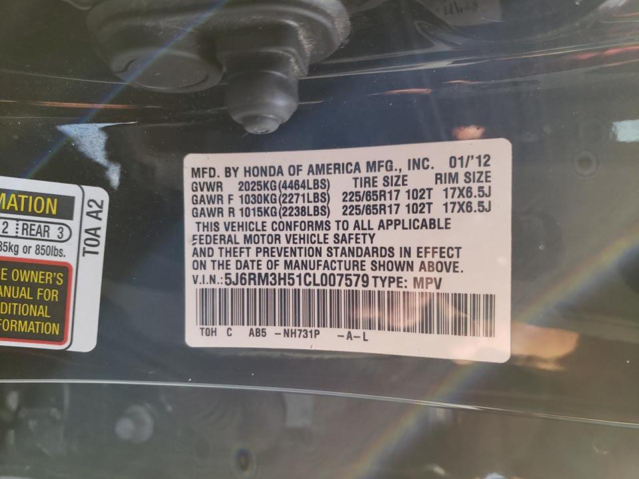 Photo 10 from auction – 2012 HONDA CR-V EX with VIN 5J6RM3H51CL007579