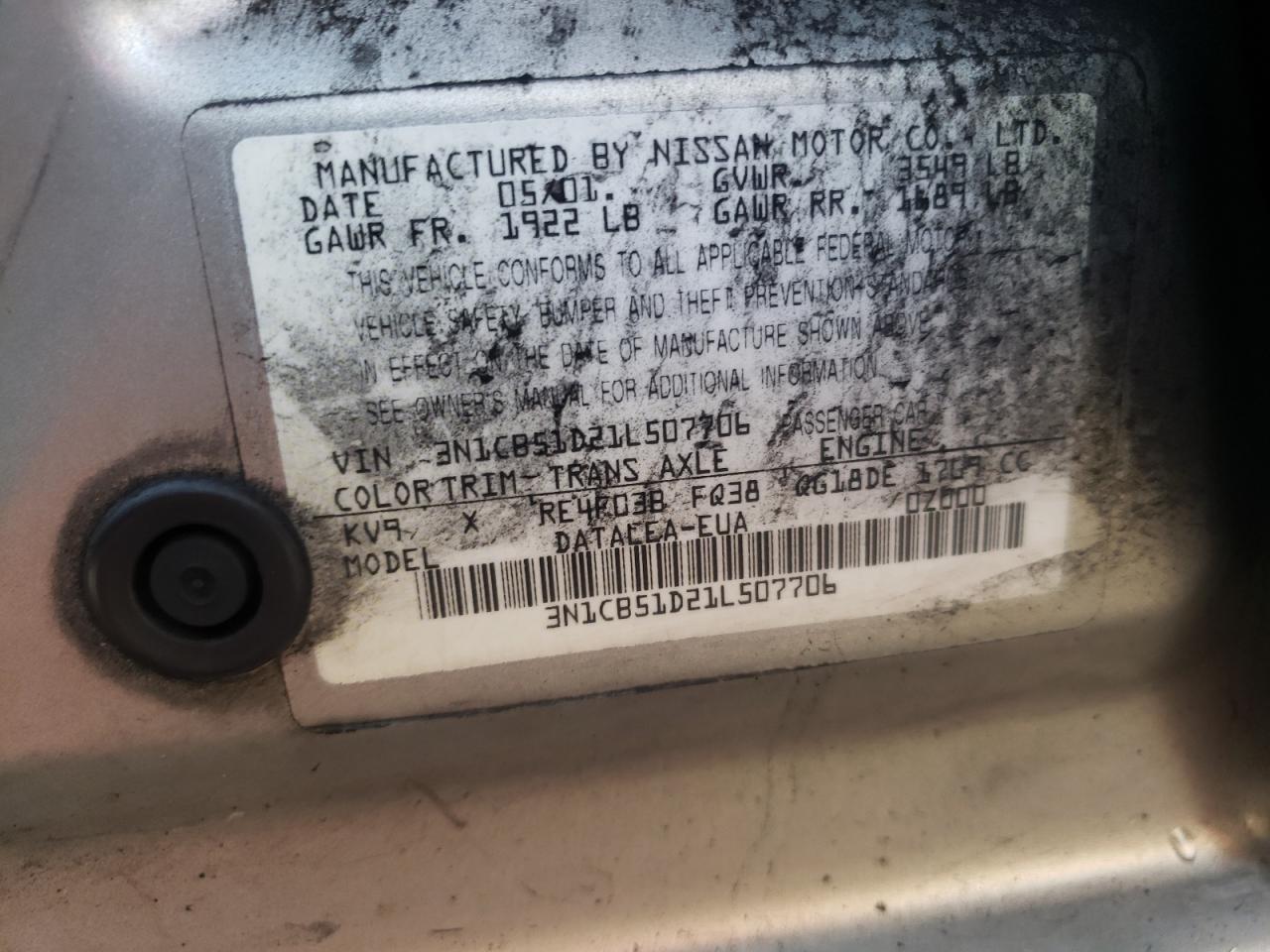 Photo 10 from auction – 2001 NISSAN SENTRA XE with VIN 3N1CB51D21L507706